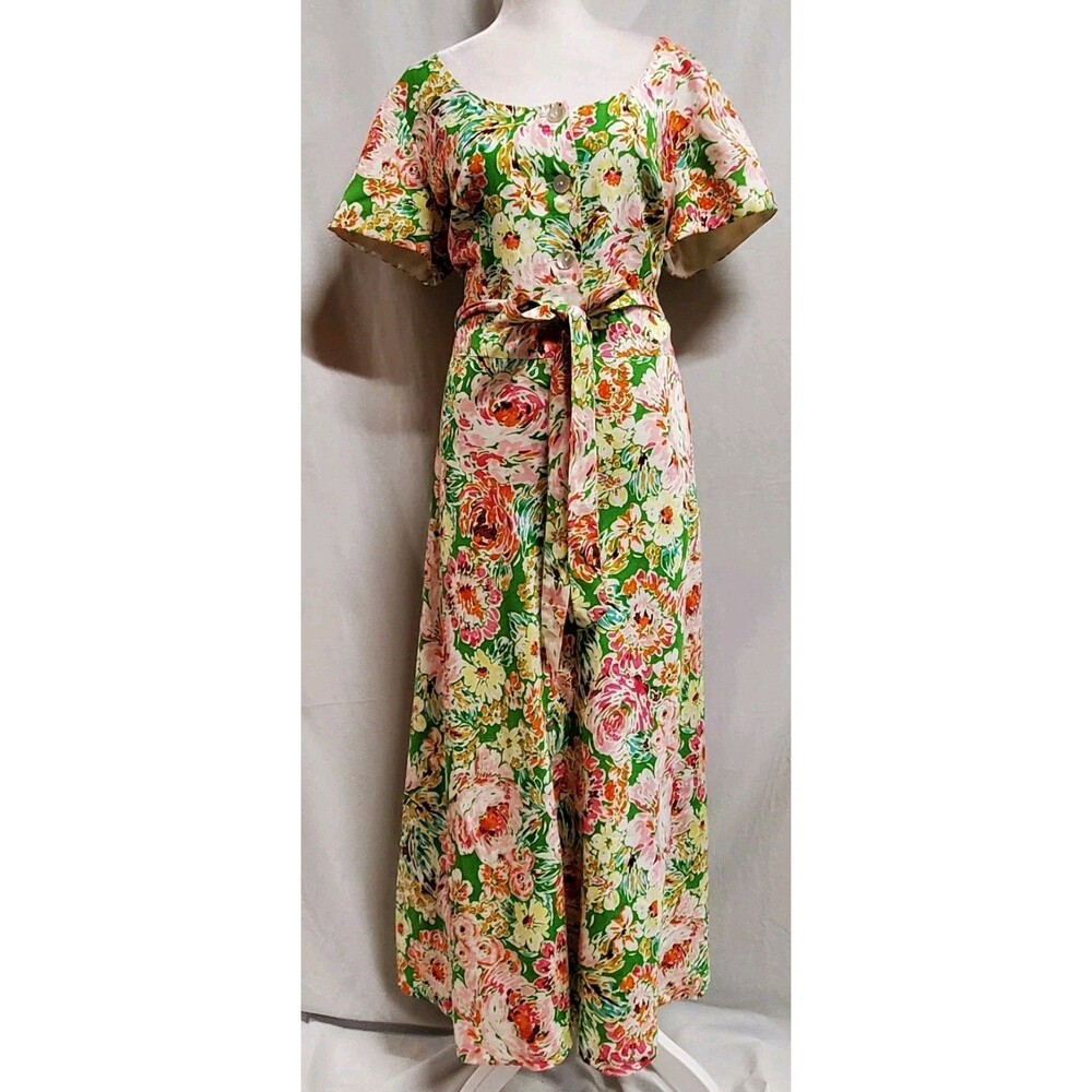 Coldwater Creek Pink Green Floral Linen rayon button up belted Maxi Dress 16